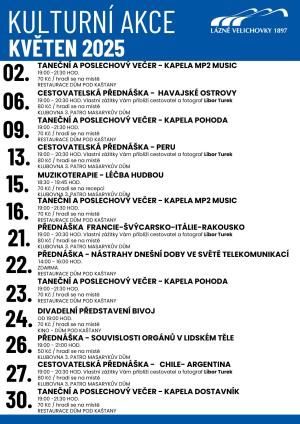 Pozvánka MISE VELICHOVKY 8.5., Program kina a přehled kulturních akcí Lázně Velichovky - květen 2025